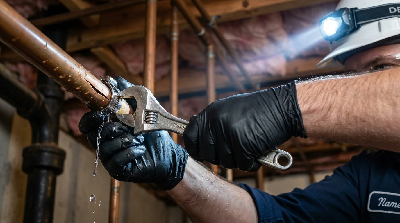 Emergency pipe clamp repair being performed by a Johns Plumbing LLC plumber in Hazlehurst